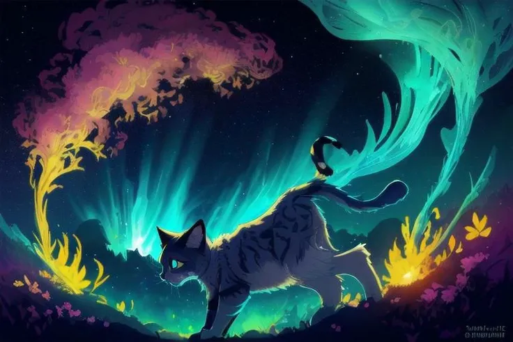Fluffy cute kitten, (from side), (silhouette:1), profile, big hair, masterpiece, best quality, light particle, depth of field, field, scenery, fantasy, indigo light, (far away:1), cute cat, midriff, tribal sash, pastel colors, chromatic aberration, glow in the dark, cloudy sky, space, orange aura, cinematic, dark atmosphere, night , dark hole, glowing eyes, teal light, illumination, light rays, eye in the sky, (grass:0.9), falling petals, oniric portrait of a cat with white mask, yearning to explore the ends of the world to discover its wonders and help its denizens, a gradient masterpiece, cyan yellow green beige lilac white, Rococopunk, luminism, seamless, China ink, Ink Bubbles, Gold leaf lines, alcohol ink elements, curved lines, cinematic, realism, chiaroscuro, Shadow play, Gold leaf small lines, bright splashes of alcohol ink puddles, volumetric light, auras, rays of sunlight, bright colors reflect, isometric, digital art, smog, pollution, toxic waste, chimneys and railroads, 3d render, octane render, volumetrics, anime style