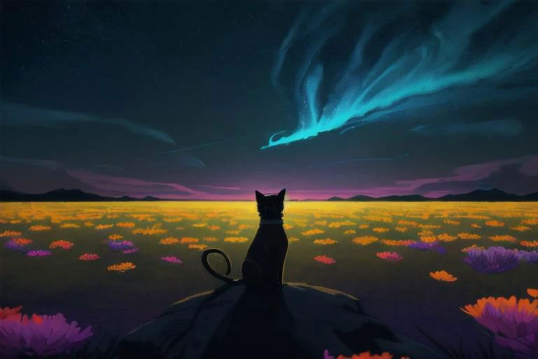 Fluffy cute kitten, (from side), (silhouette:1), profile, big hair, masterpiece, best quality, light particle, depth of field, field, scenery, fantasy, indigo light, (far away:1), cute cat, midriff, tribal sash, pastel colors, chromatic aberration, glow in the dark, cloudy sky, space, orange aura, aura, cinematic, dark atmosphere, night , dark hole, glowing eyes, teal light, illumination, light rays, eye in the sky, (grass:0.9), falling petals, oniric portrait of a cat with white mask, yearning to explore the ends of the world to discover its wonders and help its denizens, a gradient masterpiece, cyan yellow green beige, Rococopunk, luminism, seamless, China ink, Ink Bubbles, Gold leaf lines, alcohol ink elements, curved lines, cinematic, realism, chiaroscuro, Shadow play, Gold leaf small lines, bright splashes of alcohol ink puddles, volumetric light, auras, rays of sunlight, bright colors reflect, isometric, digital art, smog, pollution, toxic waste, chimneys and railroads, 3d render, octane render, volumetrics, anime style
