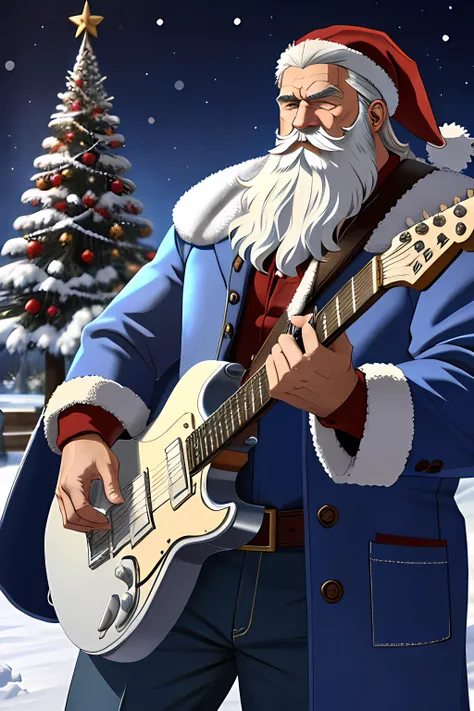 (masterpiece), muscular Russian Santa Claus, perfect detailed silver beard, plays the electric guitar, blue fur coat, snow palace, snowflakes, newyear style