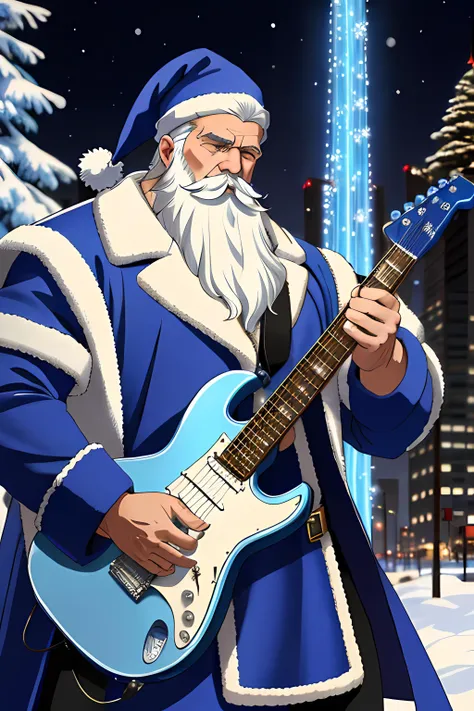 (masterpiece), muscular Russian Santa Claus, perfect detailed silver beard, plays the electric guitar, blue fur coat, snow palace, snowflakes,