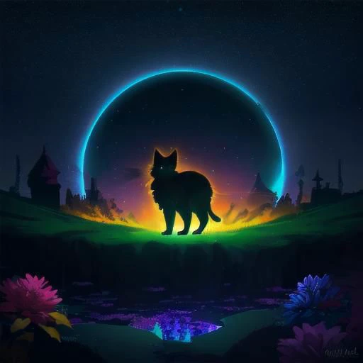 Fluffy cute kitten, (from side), (silhouette:1), profile, big hair, masterpiece, best quality, light particle, depth of field, field, scenery, fantasy, indigo light, (far away:1), cute cat, midriff, tribal sash, pastel colors, chromatic aberration, glow in the dark, cloudy sky, space, orange aura, aura, cinematic, dark atmosphere, night , dark hole, glowing eyes, teal light, illumination, light rays, eye in the sky, (grass:0.9), falling petals, oniric portrait of a tall cloaked cat with white mask, yearning to explore the ends of the world to discover its wonders and help its denizens, a gradient masterpiece, blue cyan yellow green beige, Rococopunk, luminism, seamless, China ink, Ink Bubbles, Gold leaf lines, alcohol ink elements, curved lines, cinematic, realism, chiaroscuro, Shadow play, Gold leaf small lines, bright splashes of alcohol ink puddles, volumetric light, auras, rays of sunlight, bright colors reflect, isometric, digital art, smog, pollution, toxic waste, chimneys and railroads, 3d render, octane render, volumetrics, anime style