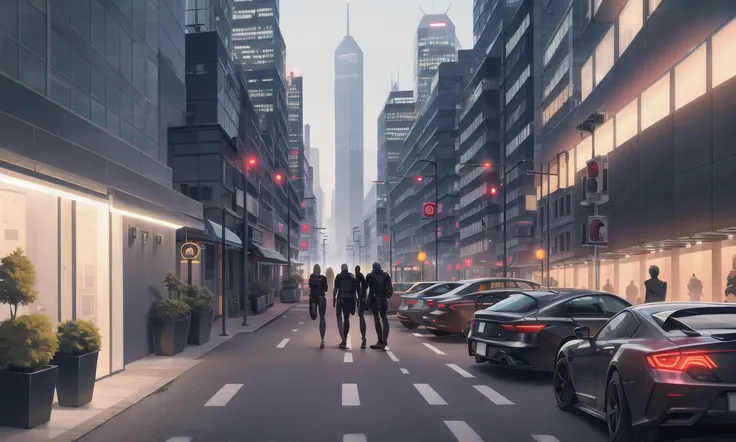 cyberpunk, city, outdoor, lamppost, street, building, skyscraper, cars, road, road sign, summer cafe, brick wall, potted plant, plant,