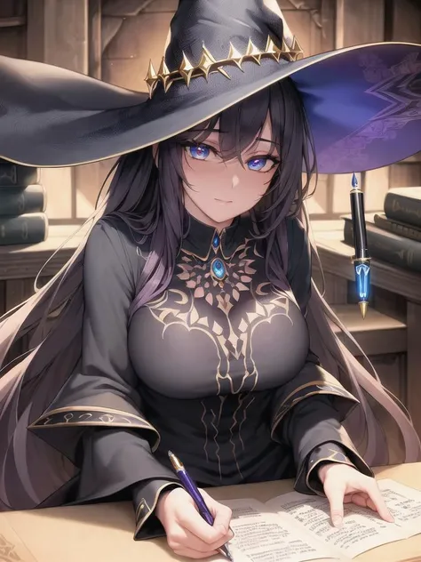 masterpiece, best quality, female magician, sitting, books on table, cowboy shot, in underground dungeon, witch hat, pen, beautiful detailed hair, beautiful detailed eyes, torch, official art, ultra-detailed, masterpiece, high resolution, with blush cheeks, dynamic fuzziness, intricate light, colorful