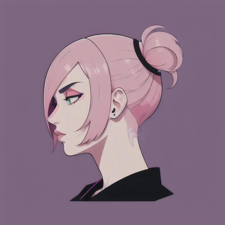 profile, deformed background, (flat color), solo, close-up face, (illustration), many layers, limited tone, isometric, dribbble style illustration, vivid pink hair, clear eyes,