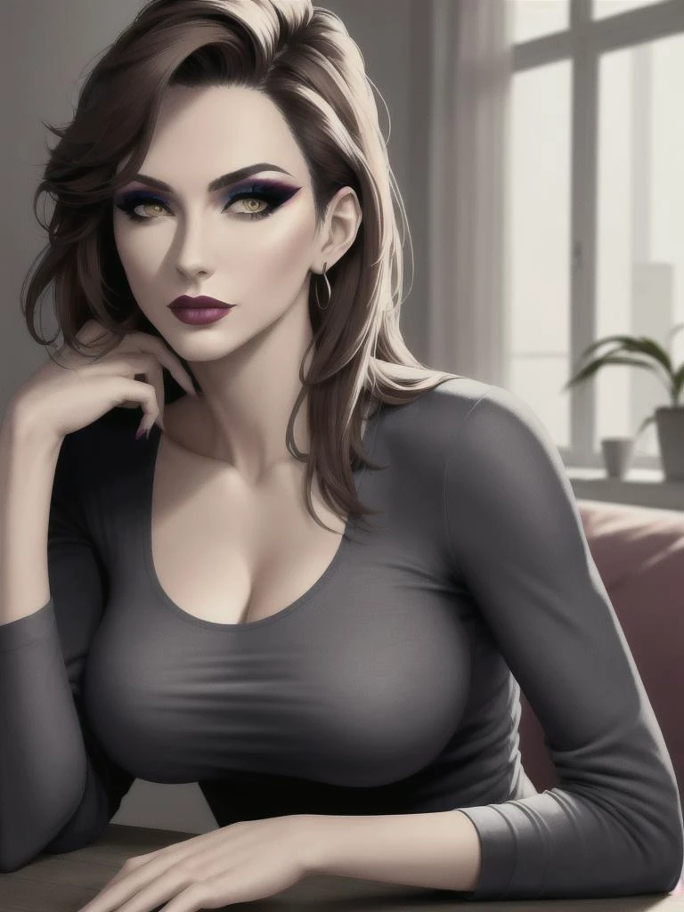 masterpiece, best quality, solo woman, lying, casual clothes, medium breasts, makeup, indoors, portrait