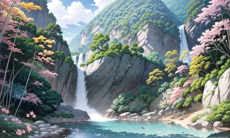 mature, mature face, nose, cat ears, pink hair, large breasts, large ass, blue eyes, masterpiece, best quality, painted by greg rutkowski makoto shinkai takashi takeuchi studio ghibli, waterfall, water, rocks, jungle, bamboo forest, mountain, flowers,