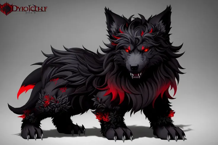 masterpiece, best quality, highly detailed, 1 demonic mythological (direwolf) , black fur, blood red eyes, fantasy style
