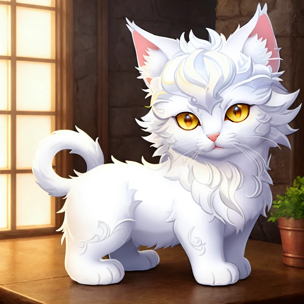 masterpiece, best quality, highly detailed, 1 mythical kitten , white , yellow eyes, fantasy style