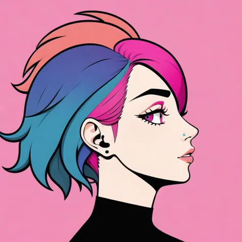 profile, deformed background, (flat color), solo, close-up face, (illustration), many layers, limited tone, isometric, dribbble style illustration, vivid pink hair, clear eyes,