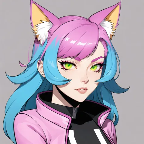 cat ears, profile, deformed background, (flat color), solo, close-up mature face, (illustration), many layers, limited tone, isometric, dribbble style illustration, vivid pink hair, clear eyes, colored_skin, pink green hair, jacket, long_hair, looking_at_viewer, parted_lips, smug, solo