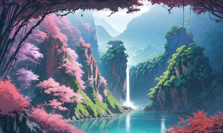 no humans, high quality, (red green pink blue colors), contrast, sharp focus, masterpiece, best quality, (waterfall, (water)), rocks, jungle, bamboo forest, mountain, (flowers), ocean side, cliff, painted by greg rutkowski makoto shinkai takashi takeuchi studio ghibli