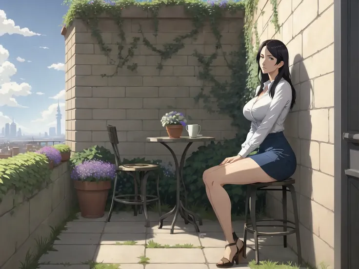 mature, mature face, nose, large breasts, large ass, blue eyes, masterpiece, best quality, painted by greg rutkowski makoto shinkai takashi takeuchi studio ghibli,



book, brick_wall, bush, chain-link fence, cracked wall, cup, fence, floor, flower, flower pot, green skirt, honeycomb_background, ivy, leaf, pavement, plant, potted plant, rooftop, shirt, silk, sitting, skirt, solo, stone wall, vase, vines, wall, white shirt, cafe, table, chair, sitting, casual clothes