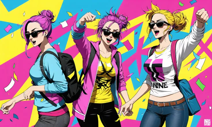 Female character, excitement, jumping, casual clothing, comfortable, messy bun, music festival, crowd, pop art, graffiti, digital, vibrant, energetic, free-spirited, sunglasses, backpack, confetti