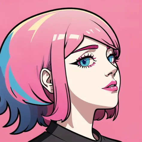 profile, deformed background, (flat color:0.95), solo, close-up face, (illustration), many layers, (limited tone:0.85), isometric, dribbble style illustration, vivid pink hair, (clear eyes:1.15)