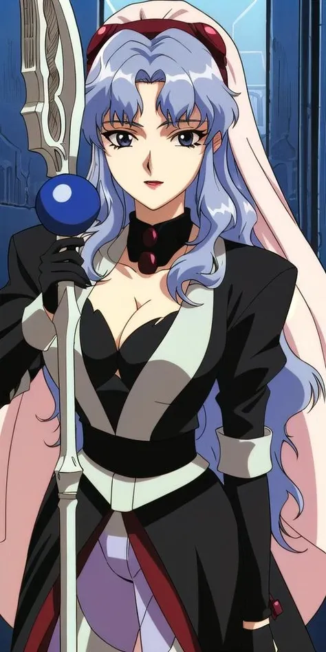 <lora:ElHazardIfuritaV4:0.7> ElHazardIfurita, black_dress_blue_pantyhose_hairband_veil, ifurita_staff, huge breasts, standing, solo, masterpiece, best quality, detailed face, detailed eyes, highres,