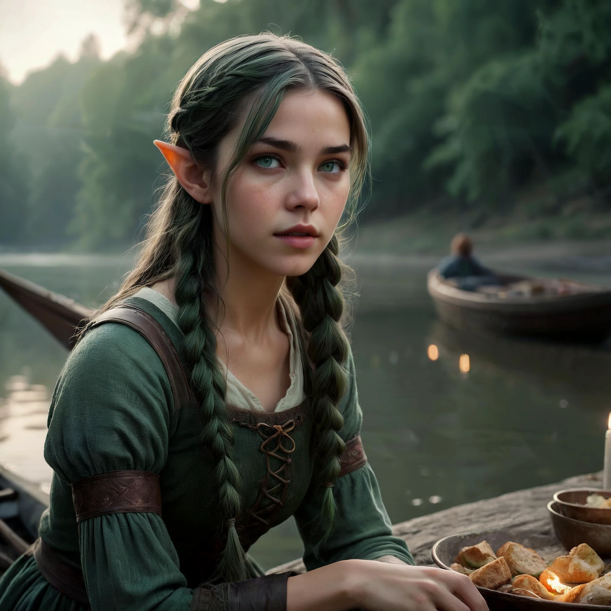 perfect composition and soft lighting, dramatic,
(Julie Benz, Katheryn Winnick), Twilight, misty, closeup of a young beautiful (18yo elf girl:1.3) (pointy ears) enjoying a riparian picnic on the riverbank, boats, captivating eyes, perfect skin, alluring smile, soft green hair, dark jade eyes, narrow face,
by Artgerm cartoon,
<lora:RMSDXL_Enhance:1>,
<lora:add-detail-xl:0.8>,
<lora:RMSDXL_Darkness_Cinema:1>