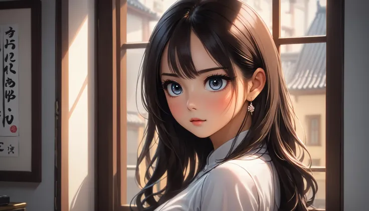 anime girl with long hair and blue eyes looking out a window