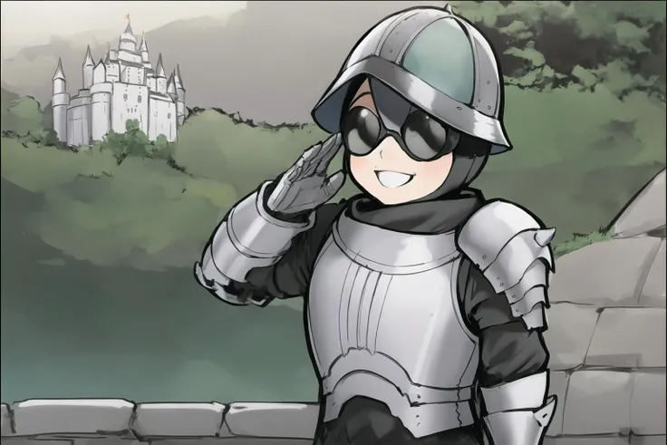 1boy, solo, <lora:gatekeeper-nvwls-v1:1>, gatekeeper, helmet, standing, full armor, gauntlets, castle gate, road, smile, upper body, <lora:Glacier Sunglasses:1>, Glacier Sunglasses
