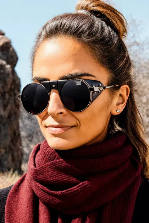 woman wearing sunglasses, an autumn sweater and a scarf with a serious look on her face<lora:Glacier Sunglasses:1>, <lora:add_detail:1> defiance512