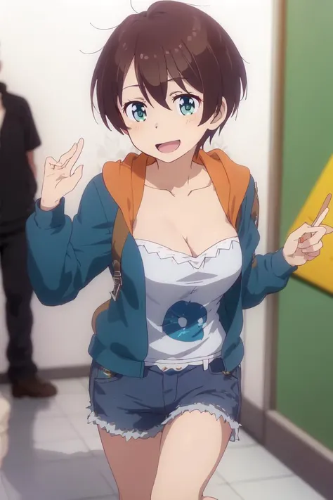 (masterpiece, best quality), <lora:hajime:0.8>, shinoda hajime, collarbone, shirt, hoodie, looking at viewer, :d, open mouth, shorts, loose clothes, ((cleavage)), from above,(leaning forward