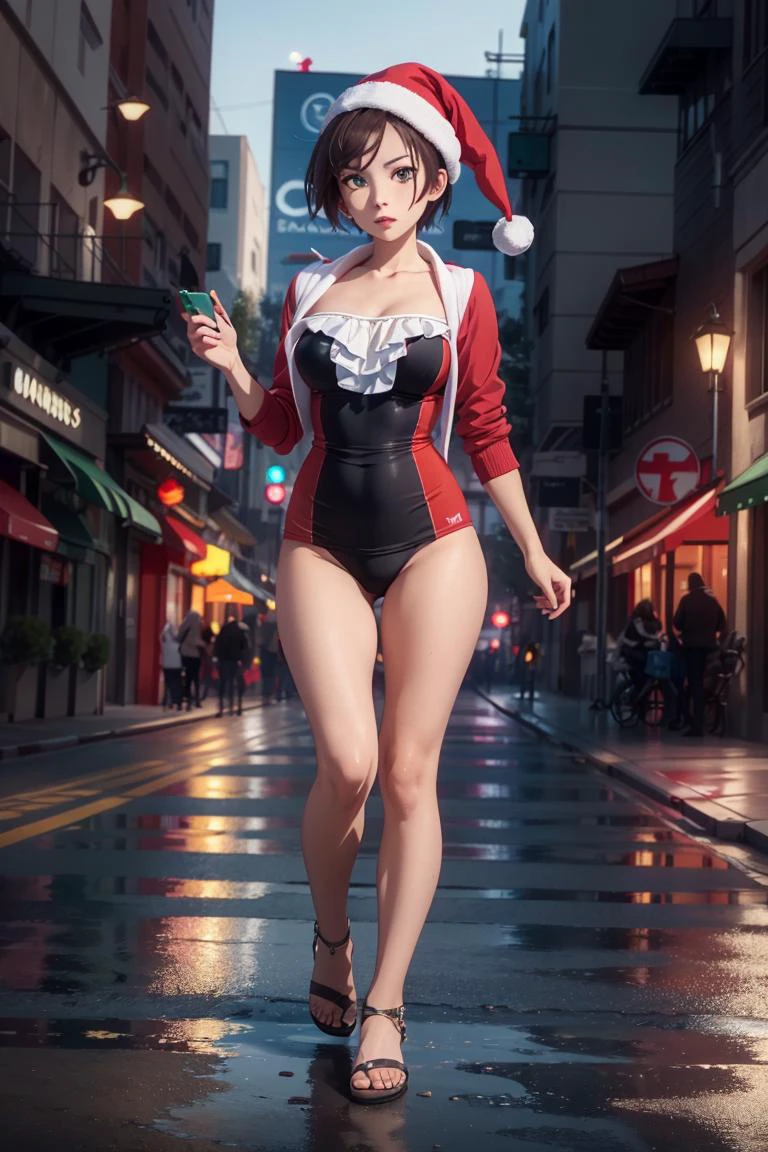 Hyperrealistic, Masterpiece, Volumetric Lighting, Subsurface Scattering, Photorealistic, best quality, intricate details, tonemapping, sharp focus, hyper detailed, absurdres, highres, <lora:hajime-10:0.8>, extremely fine full body professional photograph of shinoda hajime, 1girl, ahoge, bangs, collarbone, breasts, green eyes, brown hair, full body, looking at viewer, solo, running towards viewer, christmas stocking cap, red with white trim one piece bathing suit, (best quality, masterpiece:1.2) BREAK, outdoors, beach, ocean, pier, christmas time, christmas decorations, BREAK, (masterpiece:1.2), best quality, high resolution, unity 8k wallpaper, (illustration:0.8), extremely detailed face, perfect lighting, extremely detailed CG, (perfect hands, perfect anatomy),