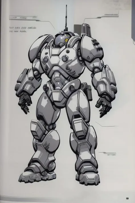 <lora:StarCraft:1> weapon, monochrome, greyscale, gun, science fiction, holding, solo, robot, no humans, holding weapon, lineart, sketch, holding gun, power armor, traditional media, concept art, english text, standing