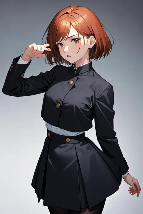 (masterpiece, best quality, absurdres, highres, high resolution):1.2 <lora:jjk_kugisaki:0.8> 1girl, solo, kugisaki nobara, school uniform, black jacket, skirt, pantyhose, shadows, blue and black color scheme, low angle, confident, wallpaper