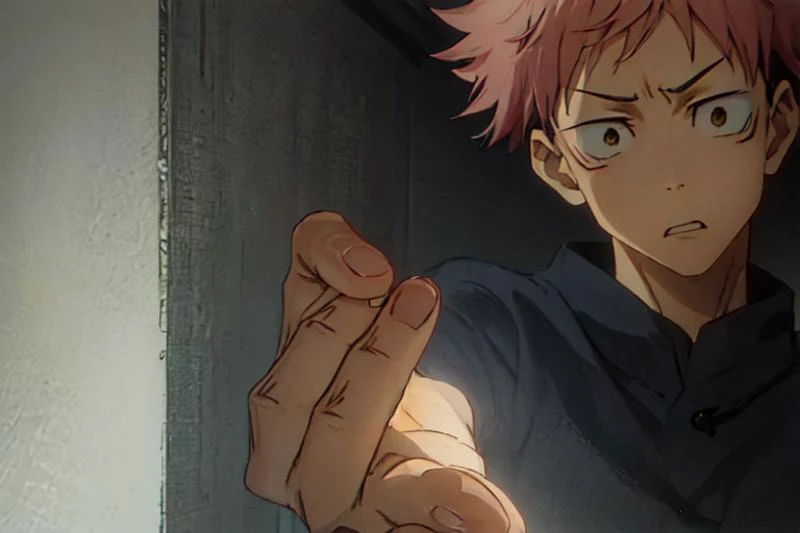 (masterpiece, top quality, best quality, beautiful, and aesthetic:1.2) portrait shot, itadori yuji, 1boy, hand, holding hand up to viewer, looking at viewer, closed mouth, angry, horrified, shocked, rage, open eyes, <lora:jjk_itadori-10:1>