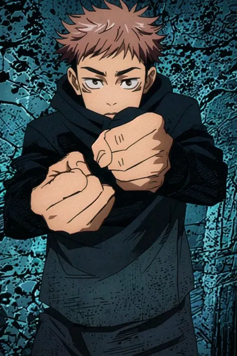 (masterpiece, top quality, best quality, realistic, beautiful and aesthetic:1.2) balled fist, looking at viewer, cowboy shot, 1boy, <lora:jjk_itadori-10:0.8> itadori yuji, facial mark, school uniform, black jacket, hood <lora:LCM_LoRA_Weights_SD15:1>