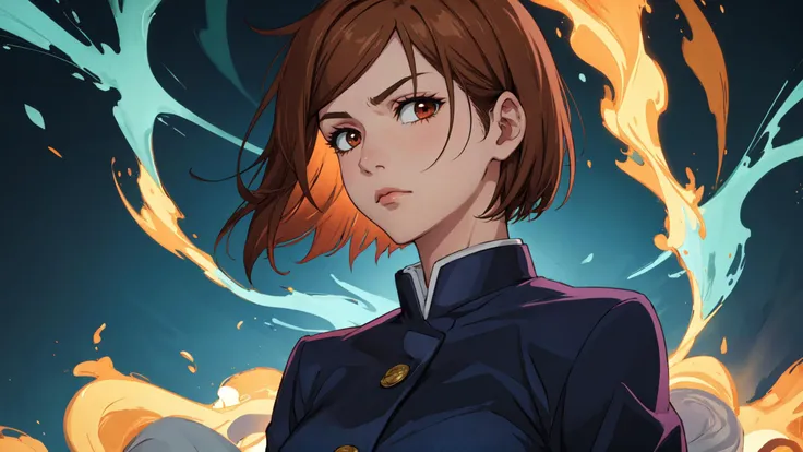 soft and warm color, still,bright,vivid,dreamy,evocative use of light and shadow, incredible beauty,anime style,vibrant,studio anime, vibrant,beautiful,textural,(((masterpiece))),(((best quality))),((ultra-detailed)),impeccable, intricate details, looking at viewer, ((upper-body:1.5)), solo, 1girl, aged_up, mature female, kugisaki nobara, short hair, brown hair, expressionless, closed mouth, looking at viewer, jacket, blue gakuran, <lora:jjk_kugisaki:0.8>