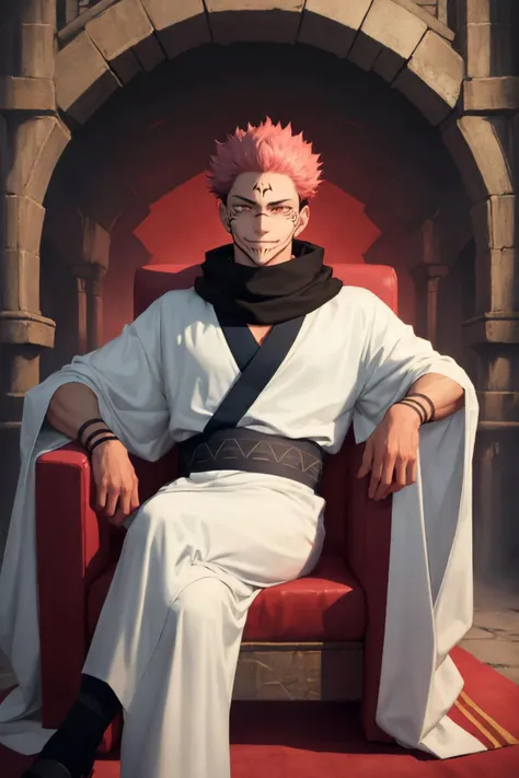 masterpiece, best quality, red theme, solo, male focus, 1boy, ryomen sukuna, facial tattoo, evil smile, looking at viewer, sitting, crossed legs, head rest, throne, extra eyes, white kimono, wide sleeves, black scarf <lora:jjk_sukuna:1>