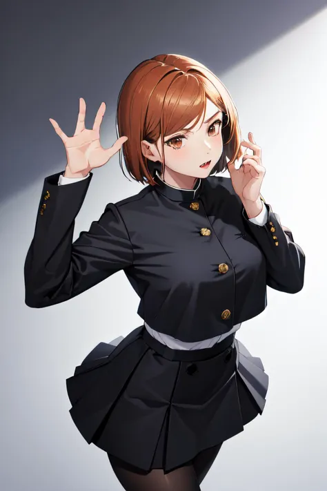 (masterpiece, best quality, absurdres, highres, high resolution):1.2 <lora:jjk_kugisaki:0.8> 1girl, solo, kugisaki nobara, school uniform, black jacket, skirt, pantyhose, shadows, blue and black color scheme, low angle, confident, wallpaper