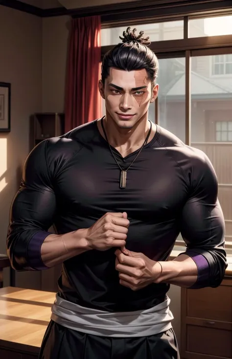 (masterpiece, best quality:1.2), (((1boy))), male focus, 1boy, <lora:jjk_aoitodo-10:0.8> todo aoi, brown colored eyes, muscular, scar, school uniform, black jacket, purple shirt, black pants, dog tags, <lora:add_detail:1>
egypt room, indoor, smile,
best quality, high resolution, distinct image, Cinematic light, intricate_detail, highres, official art, finely detailed beautiful face, high-resolution illustration, 8k, Dynamic Range, tonemapping, crisp details, Beautiful Finger,Beautiful body,Beautiful Nose,Beautiful character design, (perfect eyes),