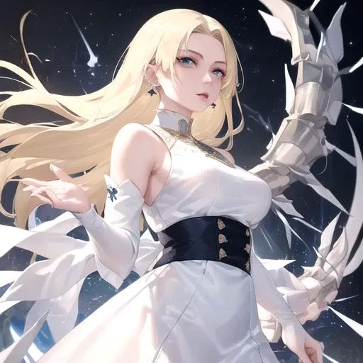 1girl, blue eyes, masterpiece, best quality, very aesthetic, absurdres, white skin, perfect face, elegant and divine atmosphere, perfect hands, breasts, detached sleeves, earrings, ice, jewelry, medium breasts, medium hair, white hair, shirt, skirt, solo, star \(symbol\), star earrings, perfect clothes, 4K <lora:jjk_tsukumo-10:1>
