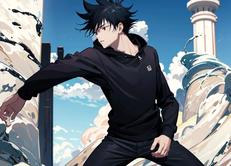 (masterpiece, best quality, absurdres, highres, high resolution):1.2 <lora:jjk_fushiguro:0.8> fushiguro megumi, spiked hair, school uniform, black jacket, shadows, blue and black color scheme, dutch angle, low angle, expressive linework