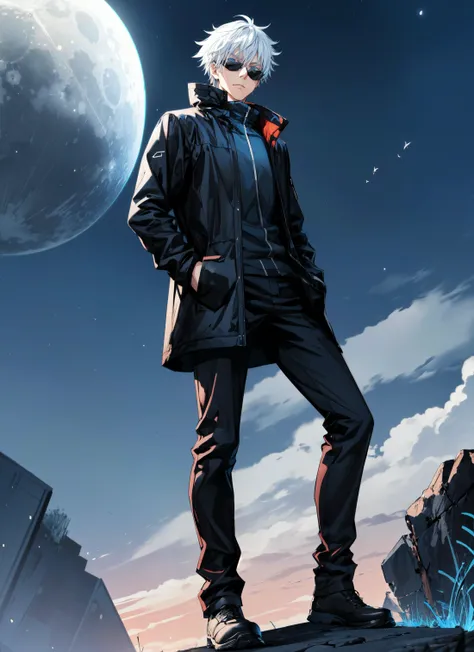 1man, satoru gojo,black jacket,black slim sunglasses,(light blue eyes),detailed eyes,messy hair,black pants,white hair,serious expression,serious face,expresionless,standing,hand in pockets,dominant face,dominant,dominant pose,(from below:1.2),(mid air:1.2),(flying),night,moon light,darkness,masterpiece,extremely detailed CG unity 8k wallpaper, best quality,32k,focus sharp, <lora:jjk_gojo-11:0.8>, <lora:add_detail:0.8>,