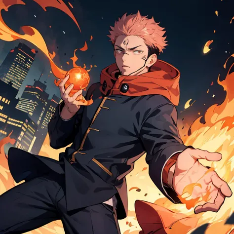 (masterpiece, best quality:1.2), 1boy, school uniform, gakuran, long sleeves, hoodie, hood down, pants, fighting pose, flames, flame in hand, orb of fire, cityscape, <lora:jjk_sukuna:1>
