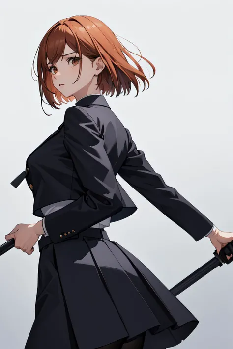 (masterpiece, best quality, absurdres, highres, high resolution):1.2 <lora:jjk_kugisaki:0.8> 1girl, solo, kugisaki nobara, school uniform, black jacket, skirt, pantyhose, shadows, blue and black color scheme, low angle, confident, wallpaper