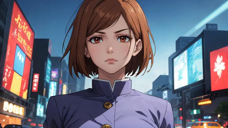 soft and warm color, still,bright,vivid,dreamy,evocative use of light and shadow, incredible beauty,anime style,vibrant,studio anime, vibrant,beautiful,textural,(((masterpiece))),(((best quality))),((ultra-detailed)),impeccable, intricate details, looking at viewer, ((upper-body:1.5)), solo, 1girl, aged_up, mature female, kugisaki nobara, short hair, brown hair, expressionless, closed mouth, looking at viewer, jacket, blue gakuran, <lora:jjk_kugisaki:0.8>, outdoor, city