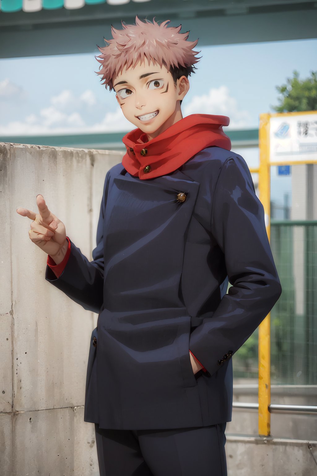 Anime character dressed in blue and red standing in front of a wall ...