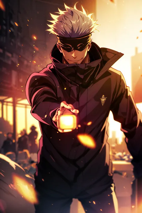 (masterpiece, best quality:1.2), <lora:jjk_gojo-11:1>, gojo satoru, action pose,dust particle effect, sunflares, purple power, movie composition, bokeh, depth of field, blindfold, smiling, cowboy shot, solo, male focus, 1boy, gojo satoru, expresionless, looking at viewer, black jacket <lora:add_detail:0.5> <lora:bleach_style_offset:0.8> rich on details