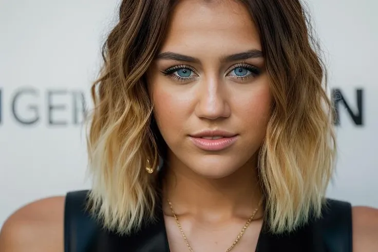 <lora:m1l3yc:1>, Realistic photo of a beautiful m1l3yc woman, 1girl, solo, looking at viewer, blue eyes, blonde hair, brown hair, jewelry, earrings, parted lips, teeth, lips, makeup, portrait, realistic, nose, soft lighting, professional Photography, Photorealistic, detailed, RAW, analog, sharp focus, 8k, HD, DSLR, high quality, Fujifilm XT3, film grain, award winning, masterpiece