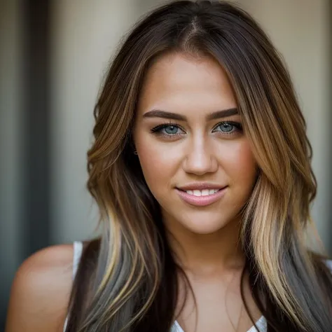 <lora:m1l3yc:1>, Realistic photo of a beautiful m1l3yc woman, 1girl, solo, long hair, looking at viewer, smile, blonde hair, brown hair, parted lips, teeth, lips, grey eyes, eyelashes, portrait, realistic, soft lighting, professional Photography, Photorealistic, detailed, RAW, analog, sharp focus, 8k, HD, DSLR, high quality, Fujifilm XT3, film grain, award winning, masterpiece