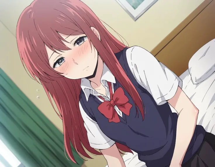 score_9, score_8_up, score_7_up, source_anime,
sanaeebato, <lora:sanae-ebato-s1-ponyxl-lora-nochekaiser:1>,
sanae ebato, long hair, red hair, grey eyes,
shirt, bow, school uniform, sweater vest, skirt, black skirt,
indoors, bed, bed room, on side, blush, drunk,
looking at viewer, cowboy shot, dutch angle, solo,