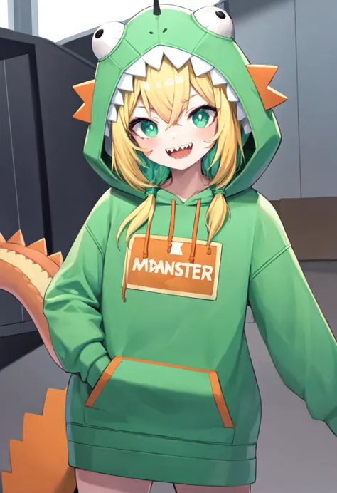 <lora:Pika-V6:1>dinopika, 1girl, green hoodie, sharp teeth, hood, virtual youtuber, solo, teeth, hoodie, blonde hair, tail, open mouth,smile, green hair, multicolored hair, looking at viewer, white pupils, two-tone hair, blush stickers, bright pupils, nail polish, green eyes, :d, green nails, hair between eyes, twintails, long sleeves, hood up, bangs
