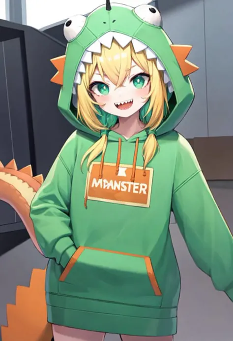 <lora:Pika-V6:1>dinopika, 1girl, green hoodie, sharp teeth, hood, virtual youtuber, solo, teeth, hoodie, blonde hair, tail, open mouth,smile, green hair, multicolored hair, looking at viewer, white pupils, two-tone hair, blush stickers, bright pupils, nail polish, green eyes, :d, green nails, hair between eyes, twintails, long sleeves, hood up, bangs