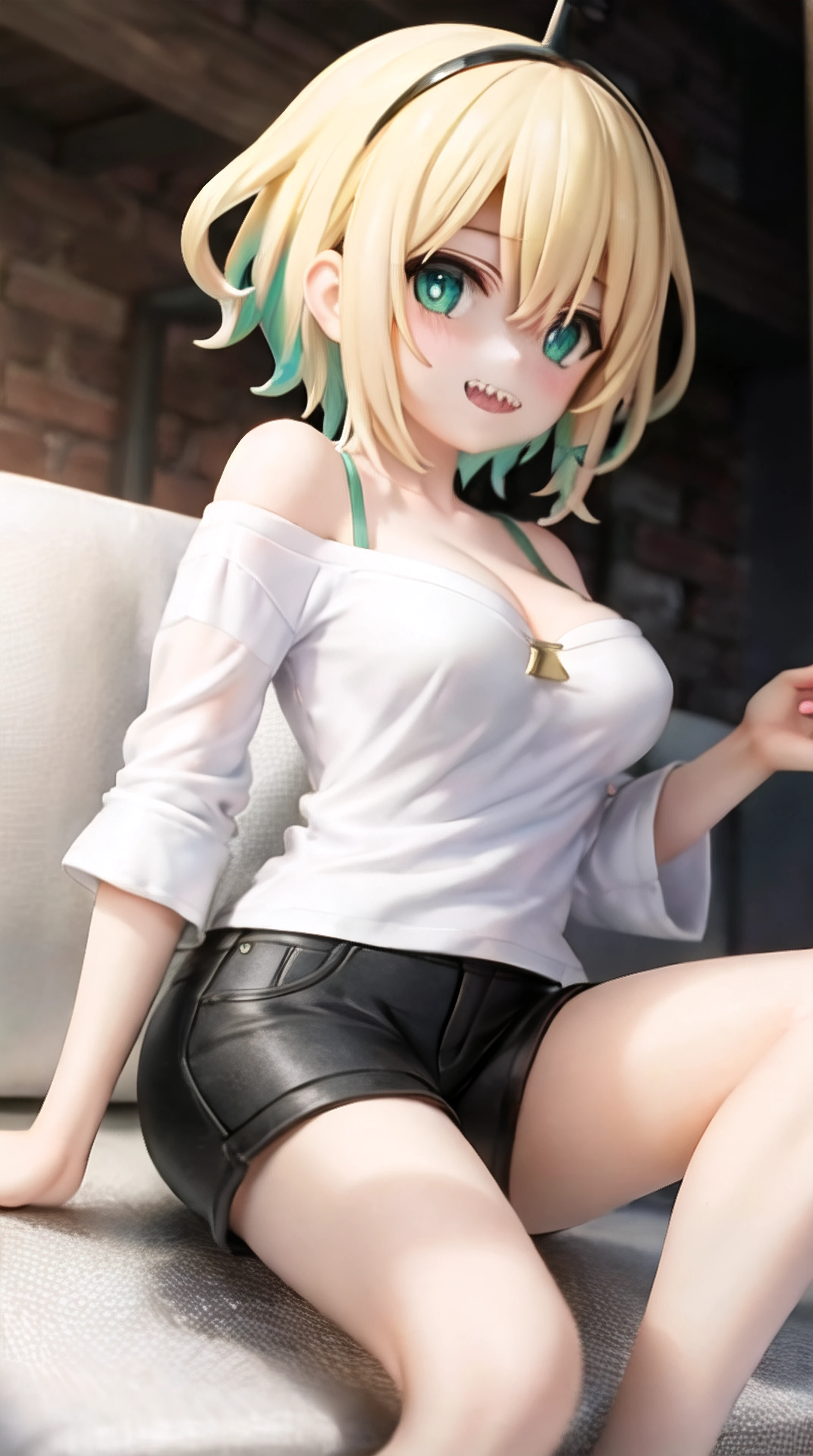 best quality, highres, <lora:amanoPikameeLocon_v1:1>normpika, 1girl, virtual youtuber, solo, sharp teeth, teeth, blonde hair, multicolored hair, hairband, off shoulder, off-shoulder shirt, shirt, black hairband, shorts, looking at viewer, white shirt, two-tone hair, bright pupils, white pupils, breasts, gradient, collarbone, bangs, bare shoulders, green eyes, black shorts, hair between eyes, cleavage, short hair, nail polish, aqua nails, wide sleeves, aqua eyes, spaghetti strap