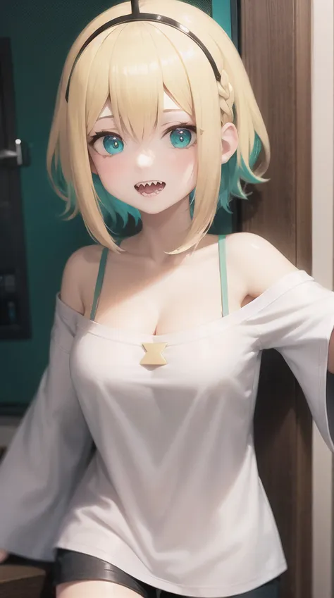 best quality, highres, <lora:amanoPikameeLocon_v1:1>normpika, 1girl, virtual youtuber, solo, sharp teeth, teeth, blonde hair, multicolored hair, hairband, off shoulder, off-shoulder shirt, shirt, black hairband, shorts, looking at viewer, white shirt, two-tone hair, bright pupils, white pupils, breasts, gradient, collarbone, bangs, bare shoulders, green eyes, black shorts, hair between eyes, cleavage, short hair, nail polish, aqua nails, wide sleeves, aqua eyes, spaghetti strap