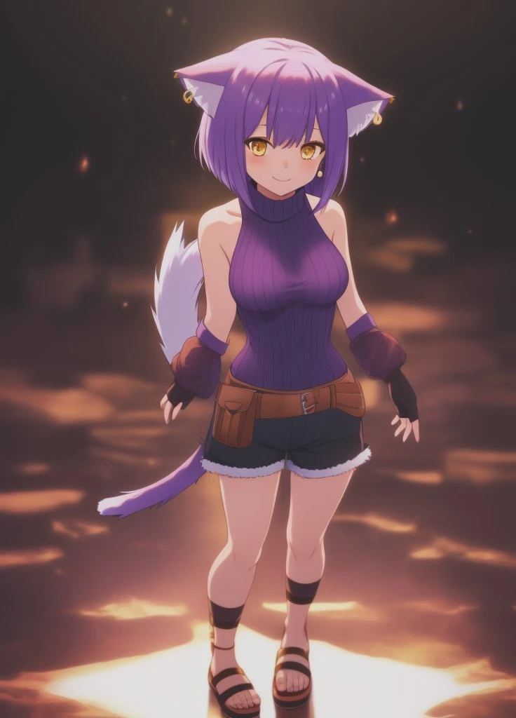 <lora:Mineko-000003:1.0>, Mineko, 1girl, animal ear fluff, animal ears, arms at sides, bare shoulders, belt, between breasts, black background, black gloves, black sweater, breasts, brown shorts, cat ears, cat girl, cat tail, closed mouth, earrings, fingerless gloves, full body, gloves, jewelry, knee pads, looking at viewer, medium breasts, purple hair, ribbed sweater, sandals, short hair, short shorts, shorts, sleeveless, sleeveless sweater, smile, solo, standing, sweater, tail, turtleneck, yellow eyes
