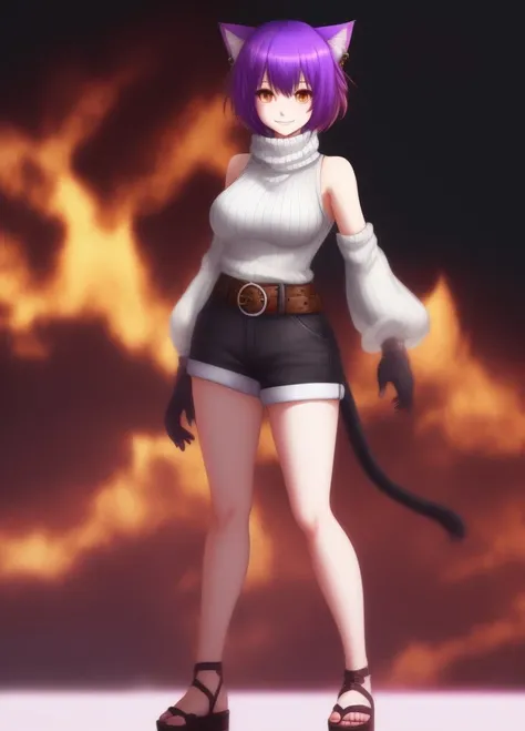 <lora:Mineko:1.0>, Mineko, 1girl, animal ear fluff, animal ears, arms at sides, bare shoulders, belt, between breasts, black background, black gloves, black sweater, breasts, brown shorts, cat ears, cat girl, cat tail, closed mouth, earrings, fingerless gloves, full body, gloves, jewelry, knee pads, looking at viewer, medium breasts, purple hair, ribbed sweater, sandals, short hair, short shorts, shorts, sleeveless, sleeveless sweater, smile, solo, standing, sweater, tail, turtleneck, yellow eyes